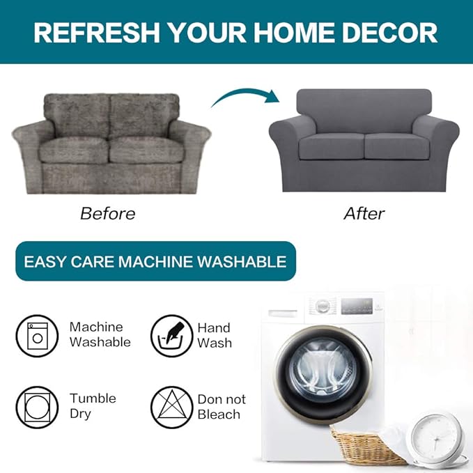 Turquoize 3 Piece Sofa Covers for 2 Cushion Couch Sofa Slipcover Soft Couch Cover for Dogs-Washable Sofa Furniture Covers with 2 Individual Cushion Covers, Thick Jacquard Fabric (Loveseat, Gray)