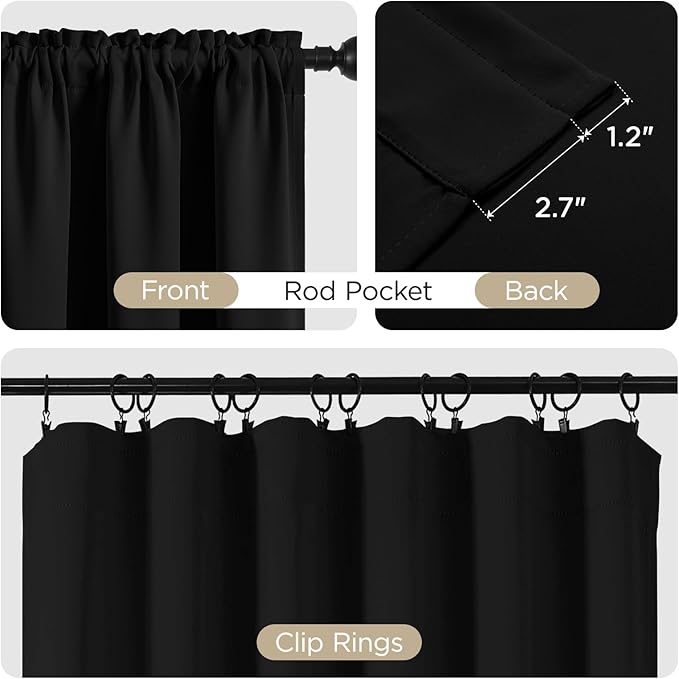 CUCRAF Black Blackout Curtains 54 inch Length 2 Panels Set, Rod Pocket Room Darkening Drapes for Bedroom Living Room, Insulated Thermal Light Blocking Window Curtain (W52 x L54 Inch)