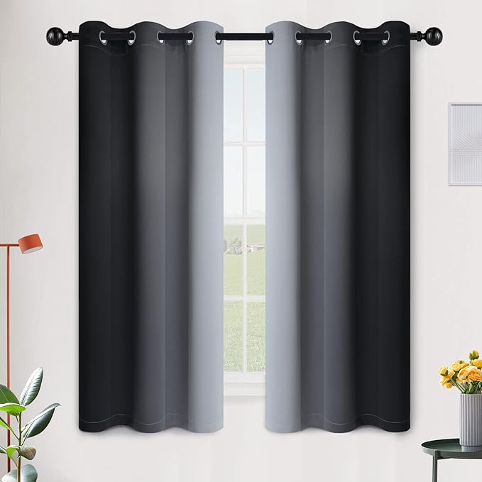 SimpleHome Ombre Room Darkening Curtains for Bedroom, Gradient Black to Grey White Light Blocking Thermal Insulated Grommet Window Curtain/Drapes for Living Room,2 Panels, 42x63 inches Length