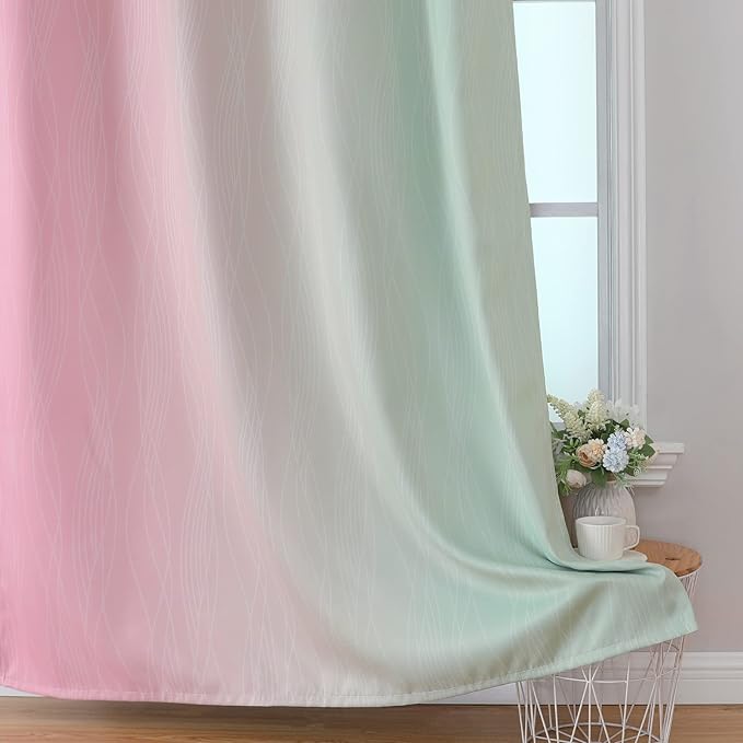 Estelar Textiler Sage Green and Pink Ombre Blackout Curtains 96 Inches Long for Bedroom, Thermal Insulated Full Light Blocking Grommet Gradient Blackout Drapes for Living Room, 52Wx96L, 2 Panels