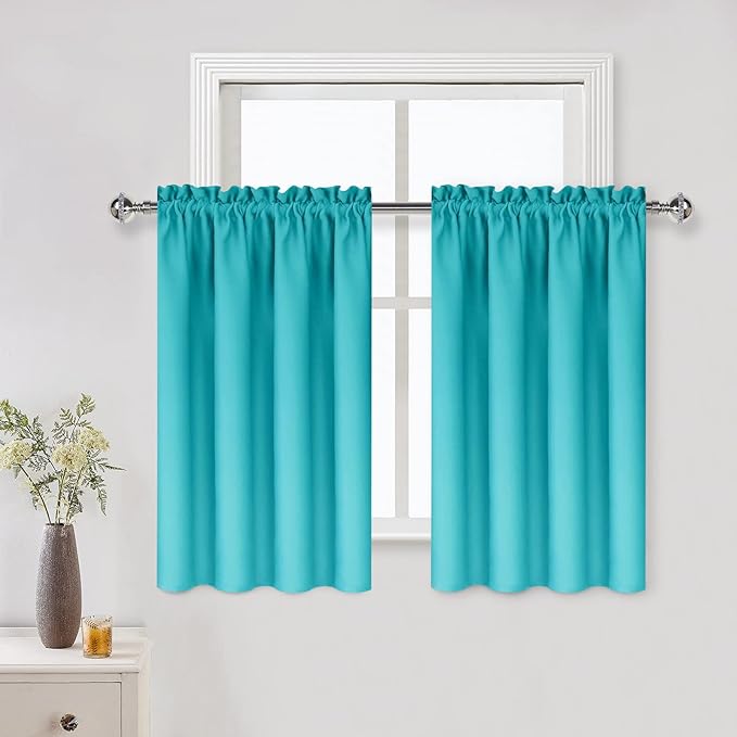 DWCN Thermal Short Blackout Curtains for Bedroom/Kitchen, Energy Saving Room Darkening Curtains for Nursery/Bedroom/Kitchen(W42 x L36 inch, Turquoise, Set of 2 Panels, Top of Rod Pocket)