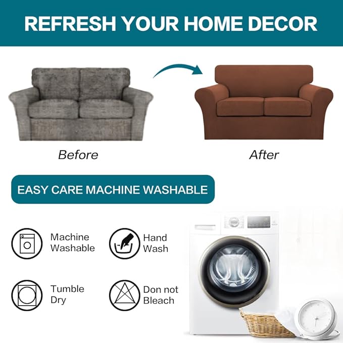 Turquoize 3 Piece Sofa Covers for 2 Cushion Couch Sofa Slipcover Soft Couch Cover for Dogs-Washable Sofa Furniture Covers with 2 Individual Cushion Covers (2 Cushion Sofa, Caramel)
