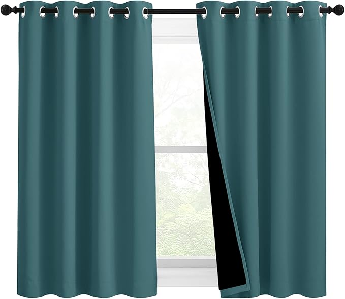 NICETOWN 100% Blackout Curtains with Black Liners, Thermal Insulated 2-Layer Lined Drapes, Room Warming Small Window Draperies for Dining Room (Sea Teal, 2 Panels, 46 inches W by 54 inches L)