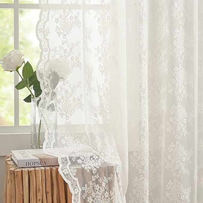 YJ YANJUN Vintage Lace Curtains 92 Inches Long-Victorian Floral Pattern Ivory Sheer Panels Light Filtering Cream Gauze Curtain for Living Room Bedroom Boho Farmhouse Decor 52x92 Cream/Ivory