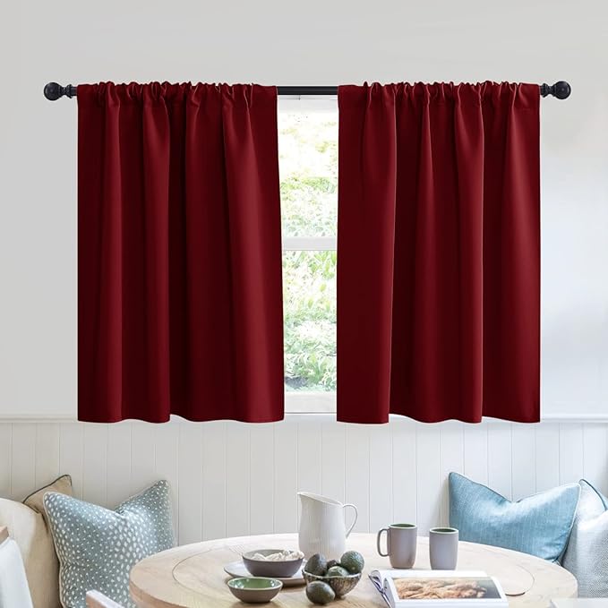 RYB HOME Blackout Bathroom Window Curtains, Short Thermal Insulated Heat Blocking Rod Pocket Half Window Curtain Tiers for Nursery Bedroom, Width 42 by Length 30, Burgundy Red, 2 Panels