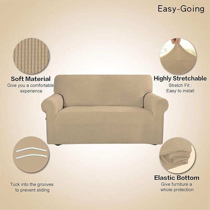Easy-Going Stretch Loveseat Slipcover 1-Piece Sofa Cover Furniture Protector Couch Soft with Elastic Bottom for Kids Polyester Spandex Jacquard Fabric Small Checks (Loveseat, Sand)