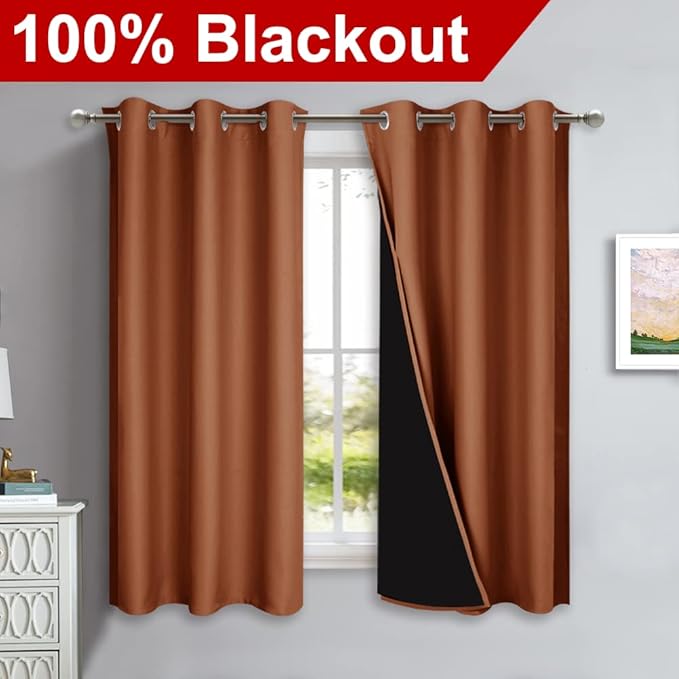 NICETOWN 100% Blackout Short Curtains with Black Liners, 2 Panels, 37" W by 60" L, Burnt Orange, Solid Thermal Insulated Full Blackout 2-Layer Lined Drapes, Energy Efficiency Window Drapes for Bedroom