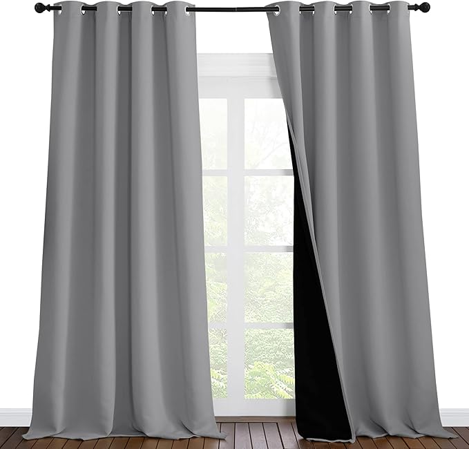 NICETOWN Total Shade Curtains and Draperies, Heavy-Duty Full Light Shading Drapes with Black Liner Backing for Villa/Hall/Dorm Window（Silver Grey, Package of 2 Panels, 55 inches Wide x 96 inches Long