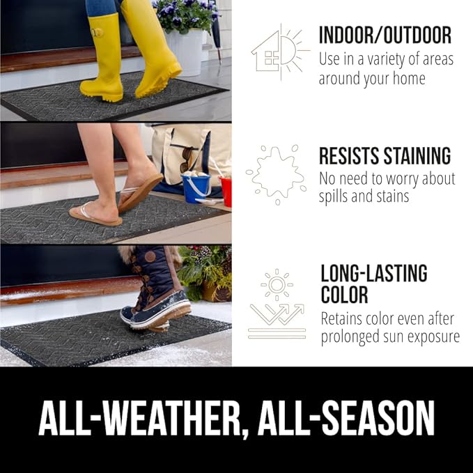 GORILLA GRIP 100% Waterproof All-Season WeatherMAX Doormat US Designed Natural Rubber, Stain and Fade Resistant, Low Profile Indoor Outdoor Door Mats, Easy Clean Patio Mat, 29x17, Steel Chevron