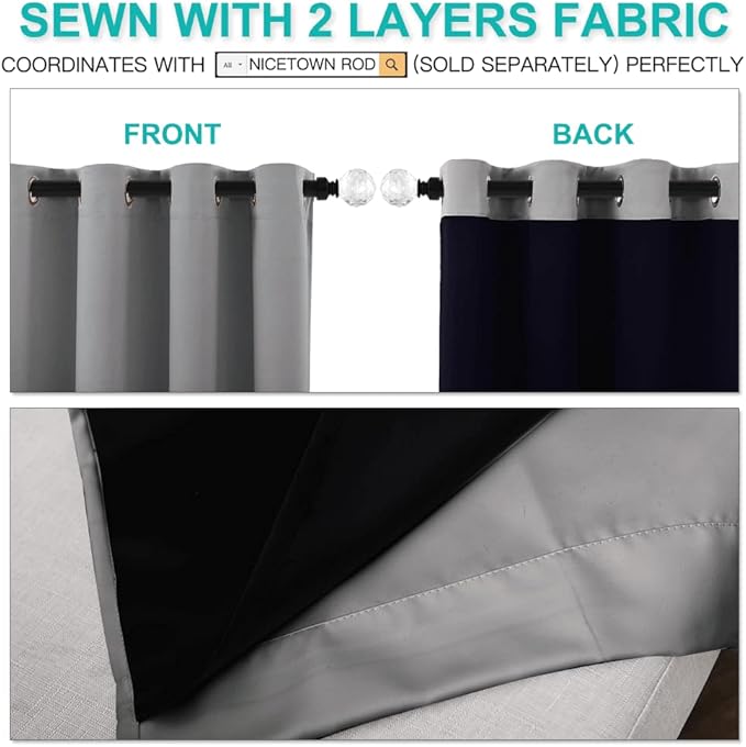 NICETOWN 100% Blackout Curtains with Black Liners, Solid Thermal Insulated Full Blackout 2-Layer Lined Drapes, Energy Efficiency Window Draperies for Bedroom (2 Panels, 42" W by 63" L, Silver Grey)