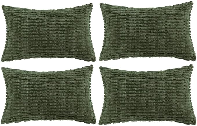 Fancy Homi 4 Packs Boho Olive Green Decorative Throw Pillow Covers 14x24 Inch for Couch Bed Sofa, Rustic Modern Farmhouse Home Decor, Soft Plush Corduroy Cute Square Cushion Case 35x60 cm