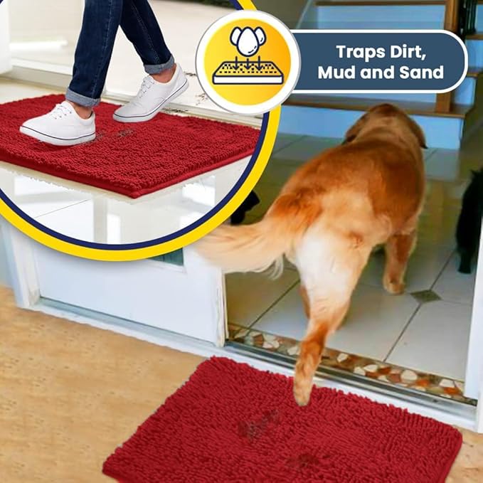 Muddy Mat® | Super Absorbent Door Mat Indoor, Microfiber Quick Dry Chenille Entryway Rug, Non-Slip Front Door Mat, Indoor Mats for Entryway, Machine Washable Pet Rug, Red 59"x35"