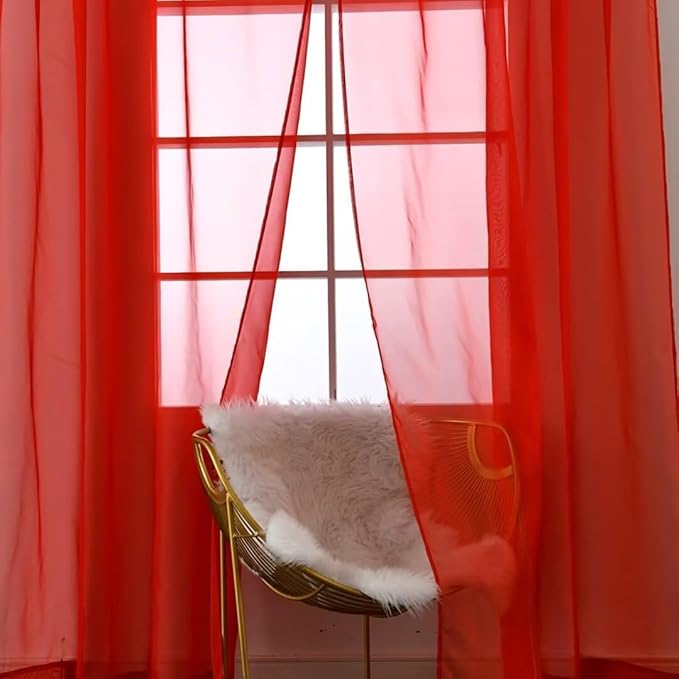 SpaceDresser Sheer Red Curtains 4 Panels Rod Pocket Semi-Sheer Curtain 108 Inches Long Light Filtering Voile Window Drapes for Bedroom Living Room Kitchen, Each 52W x 108L