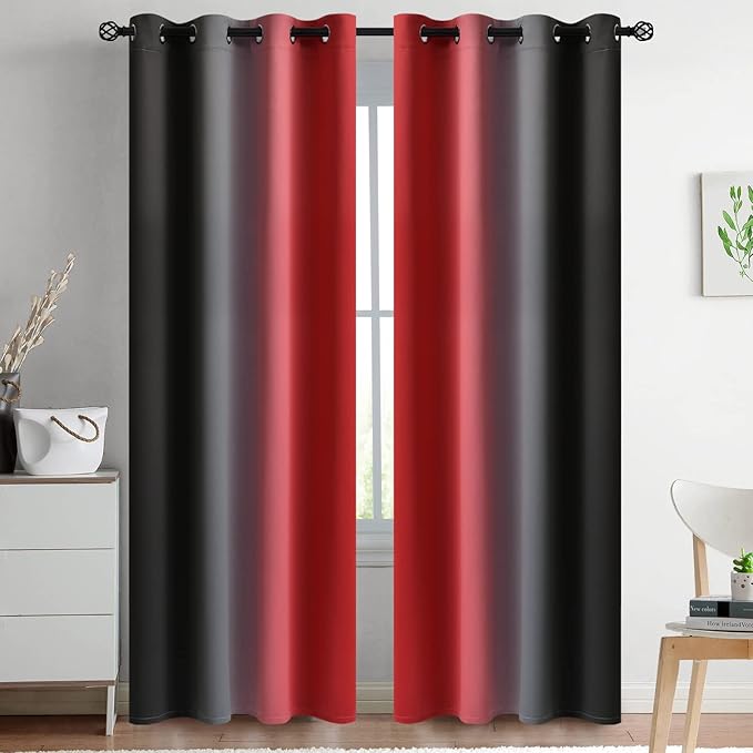 Yakamok Blackout Ombre Red and Black Curtains for Bedroom, Gradient Room Darkening Curtains, Grommet Thermal Insulated Light Blocking Window Drapes/Curtain for Living Room,52 x 84 Inch,2 Panels