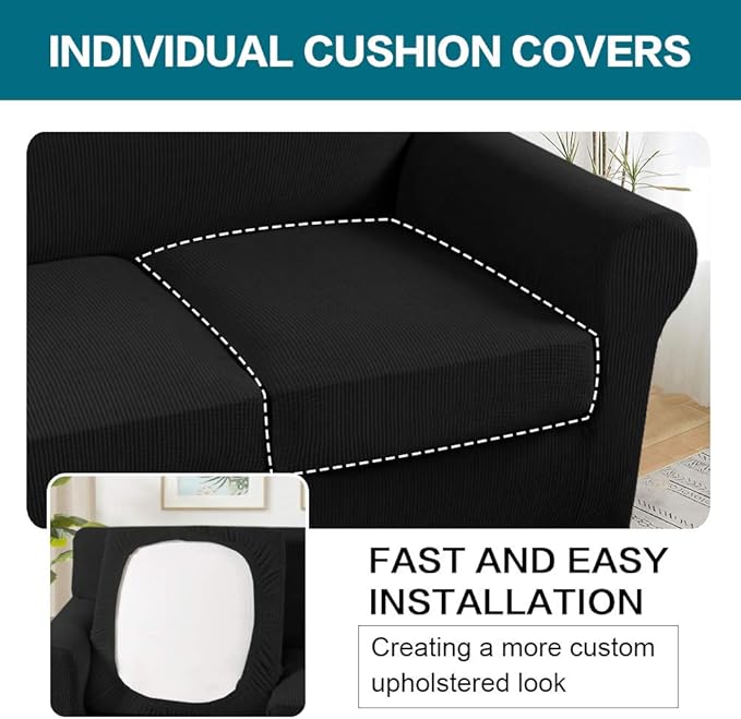Turquoize 3 Piece Sofa Covers For 2 Cushion Couch Sofa Slipcover Soft Couch Cover For Dogs-Washable Sofa Furniture Covers With 2 Individual Cushion Covers, Feature Thick Fabric (2 Cushion Sofa, Black)