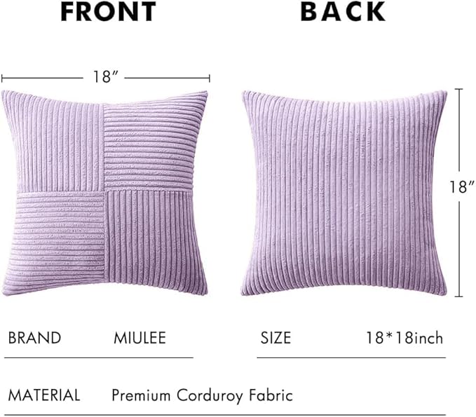 MIULEE Purple Decorative Throw Pillow Covers 18x18 Inch for Couch Bed Sofa Pack of 2 Lavender Boho Farmhouse Throw Pillows Soft Cross Corduroy Patchwork Textured Cushion Cases