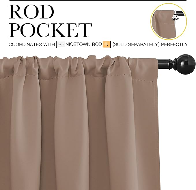 NICETOWN Kitchen Window Blackout Curtains - Window Treatment Thermal Insulated Rod Pocket Small Blackout Draperies/Drapes for Bedroom/Kitchen (Cappuccino, Set of 2, 34 inches Wide by 84 inches Long)