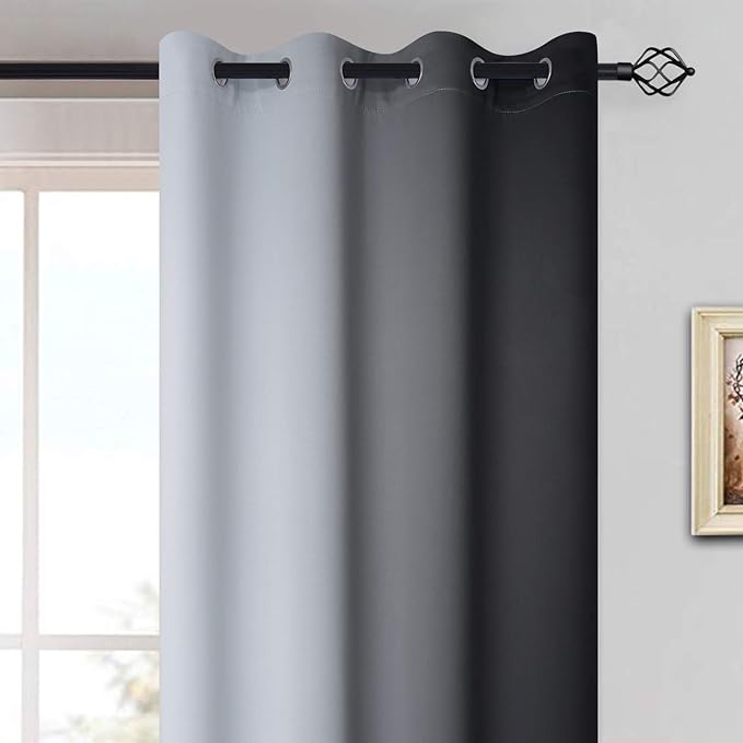 Yakamok Greyish White and Black Ombre Curtains for Bedroom, Light Blocking Gradient Color Drapes, Room Darkening Thermal Insulated Grommet Window Curtains for Living Room(Black, 2 Panels, 52x84 Inch)