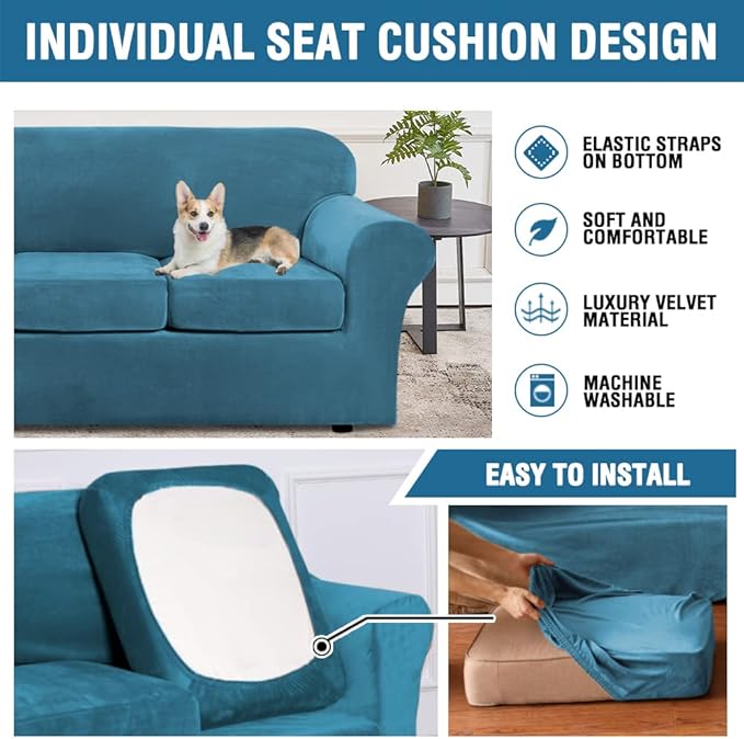 H.VERSAILTEX Real Velvet Plush 3 Piece Stretch Sofa Covers Couch Covers for 2 Cushion Couch Loveseat Covers Width Up to 72 Inch Thick Soft Stay in Place (Medium Sofa, Peacock Blue)