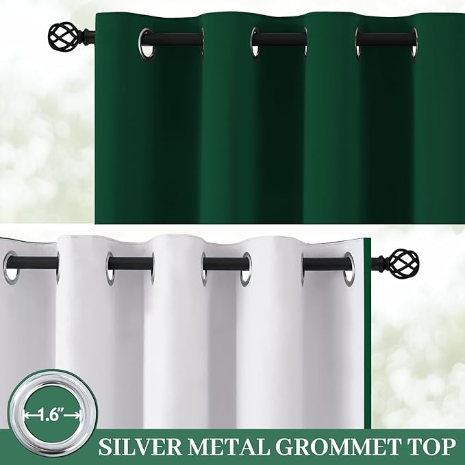 Yakamok 100% Blackout Curtain Panels 84 inches Cold and Light Blocking Drapes for Nursery, 2 Thick Layers Thermal Insulated Draperies (2 Pieces, 50 Wide Each Panel, Dark Green/White Backing)