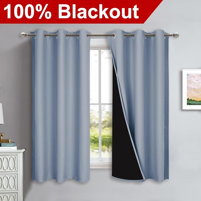 NICETOWN 100% Blackout Short Curtains with Black Liners, 2 Panels, 37" W by 40" L, Vintage Blue, Solid Thermal Insulated Full Blackout 2-Layer Lined Drapes, Energy Efficiency Window Drapes for Bedroom
