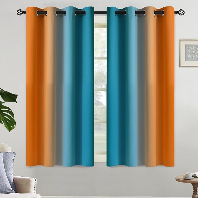 Yakamok Orange and Blue Blackout Curtains, Ombre Full Room Darkening Window Curtains for Living Room,Grommet Thermal Insulated Drapes,Light Blocking Curtains for Girls Bedroom,52x54 Inch, 2 Panels