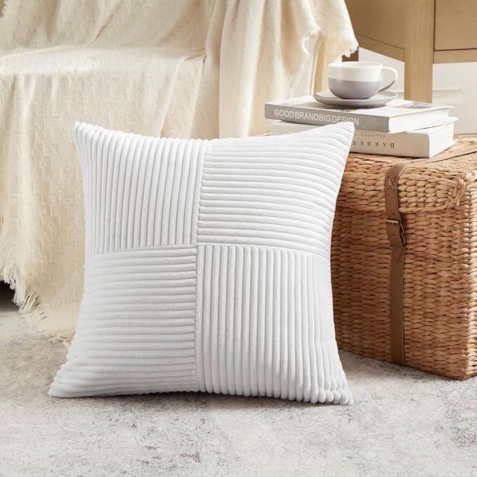 Fancy Homi 2 Packs White Euro Decorative Throw Pillow Covers 26x26 Inch for Living Room Couch Bed, Rustic Farmhouse Boho Home Decor, Soft Corss Corduroy Patchwork Textured Square Cushion Case 66x66 cm