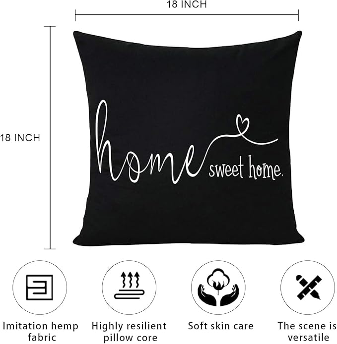 MFGNEH Home Sweet Home Quotes Farmhouse Pillow Covers 18x18 Inch,Farmhouse Decorative Lumbar Throw Pillow Case Cushion Cover,Housewarming Gift,Black