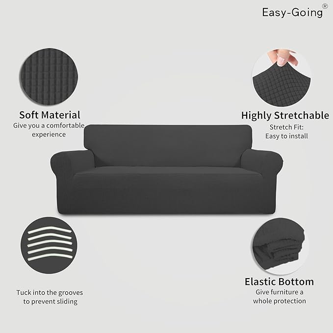 Easy-Going Stretch Sofa Slipcover 1-Piece Sofa Cover Furniture Protector Couch Soft with Elastic Bottom for Kids, Polyester Spandex Jacquard Fabric Small Checks (Sofa, Dark Gray)