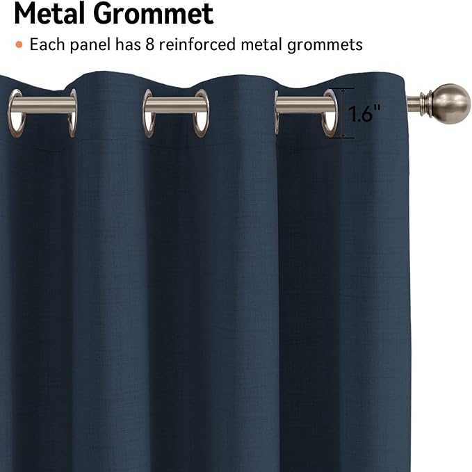 100% Blackout Shield Linen Blackout Curtains for Bedroom, Navy Blue Grommet Curtains for Living Room, Thermal Insulated Room Darkening Drapes for Nursery, Boho Home Decor, 50" W x 90" L, 2 Panels