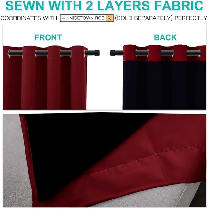 NICETOWN 100% Blackout Cold Blocking Curtains with Black Liner Backing, Thermal Insulated Curtains for Living Room, Noise Reducing Drapes, Burgundy Red, 52 inches x 84 inches Per Panel, Set of 2