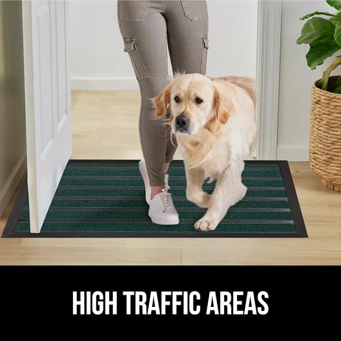 GORILLA GRIP 100% Waterproof All-Season WeatherMAX Doormat US Designed Natural Rubber, Stain and Fade Resistant, Low Profile Indoor Outdoor Door Mats, Easy Clean Patio Mat, 29x17, Green Stripe