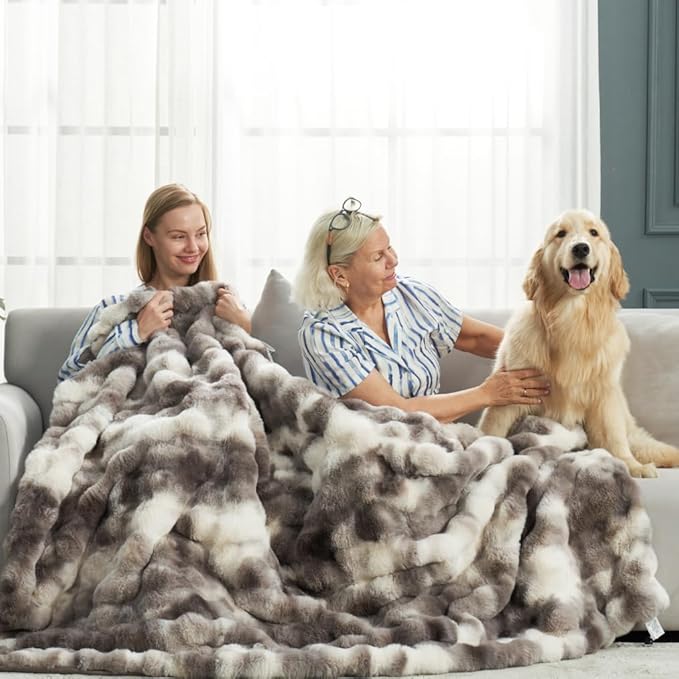 Cozy Bliss Faux Fur Throw Blanket for Couch, Fuzzy Soft Plush Thick Bubble Blanket for Sofa Bedroom Living Room, 50 * 60 Inches Tie-dye Taupe (Pack of 2)