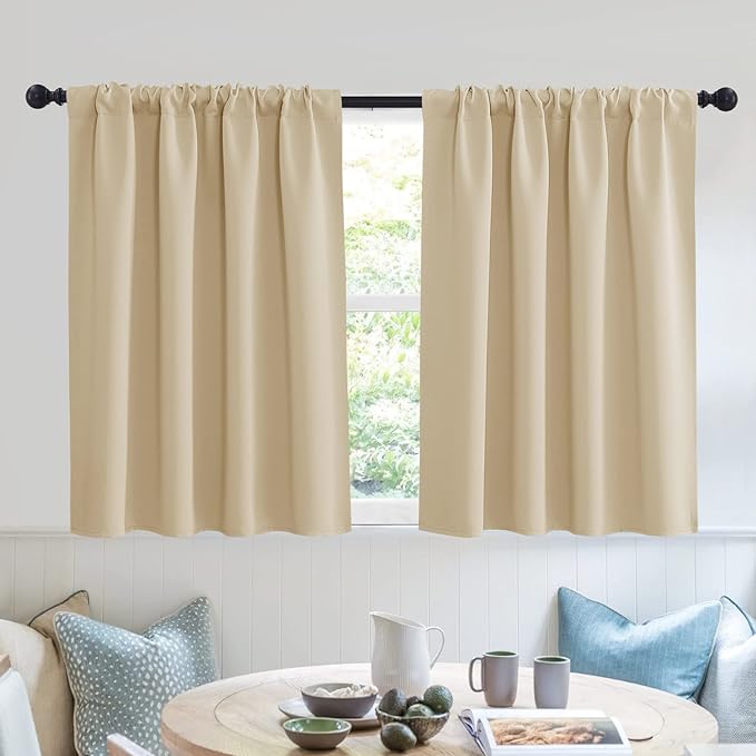 RYB HOME Short Curtains for Small Window, Sunmmer Heat Light Blocking Privacy Protection Curtains for Sunroom Laundry Room Stair Window, Width 52 by Length 36, Biscotti Beige, Set of 2