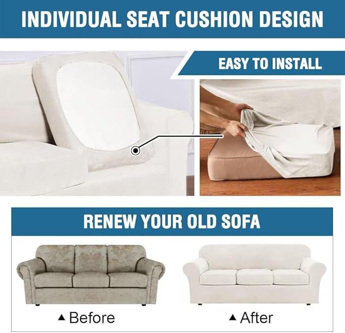 H.VERSAILTEX Real Velvet Plush 3 Piece Stretch Sofa Covers Couch Covers for 2 Cushion Couch Sofa Slipcovers Width Up to 90 Inch Feature Thick Soft Stay in Place (Sofa, Porcelain White)