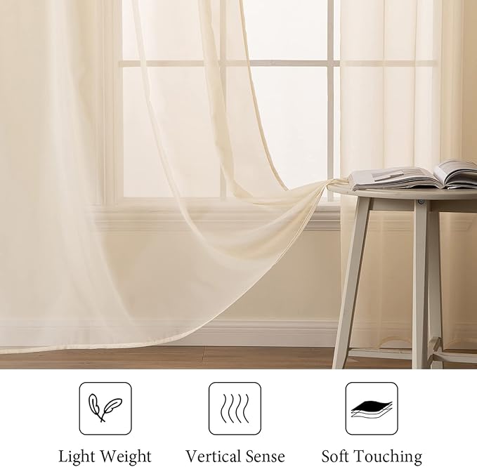 MIULEE 2 Panels Solid Color Sheer Window Curtains Elegant Window Voile Panels/Drapes/Treatment for Bedroom Living Room (54 X 108 Inches Cream Beige)
