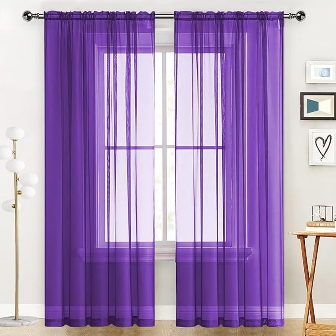 SpaceDresser Sheer Voile Window Treatment Rod Pocket Curtain Panels for Kitchen Bedroom Living Room Drapes Sunlight Filtering Privacy Semi Home Decor Assorted (Purple, 52 W x 84 L)