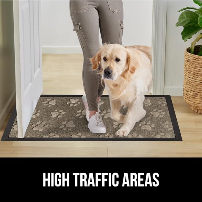 GORILLA GRIP 100% Waterproof All-Season WeatherMAX Doormat US Designed Natural Rubber, Stain and Fade Resistant, Low Profile Indoor Outdoor Door Mats, Easy Clean Patio Mat, 29x17, Tan Pawprints