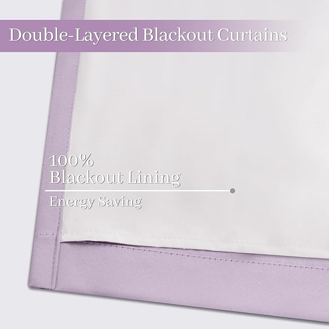 Yakamok Lilac 100% Blackout Curtains 96 Inches Long with 2 Thick Layers-Light Purple Room Darkening Thermal Insulated Window Curtain Set of 2 Panels for Bedroom Living Room 52x96 Inches,Lavender