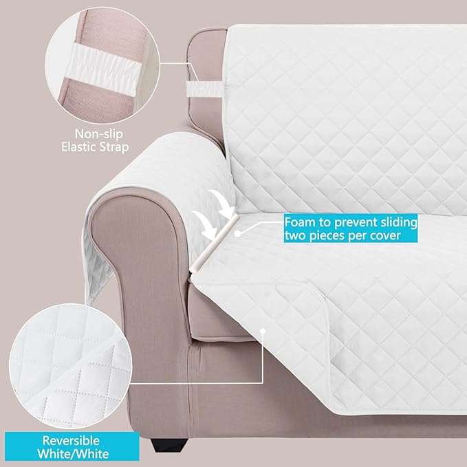 U-NICE HOME Recliner Chair Covers Reversible Chair Cover Pet Covers for Dogs with Elastic Straps Water Resistant Diamond Quilted (28''Recliner Oversized, White/White)