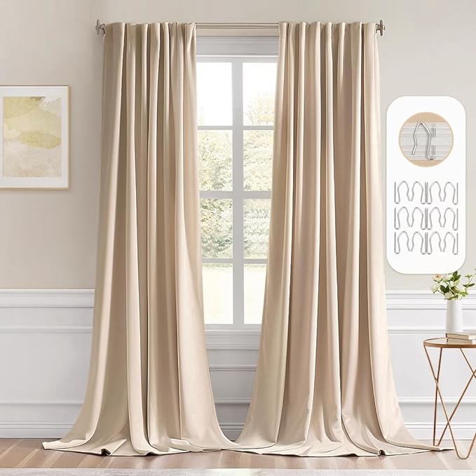 MIULEE Back Tab Beige Curtains 120 Inch Long 2 Panels Set for Living Room Bedroom, Cream Rod Pocket/Pinch Pleated Light Blocking Extra Long Thermal Insulated Room Darkening Blackout Curtains/Drapes