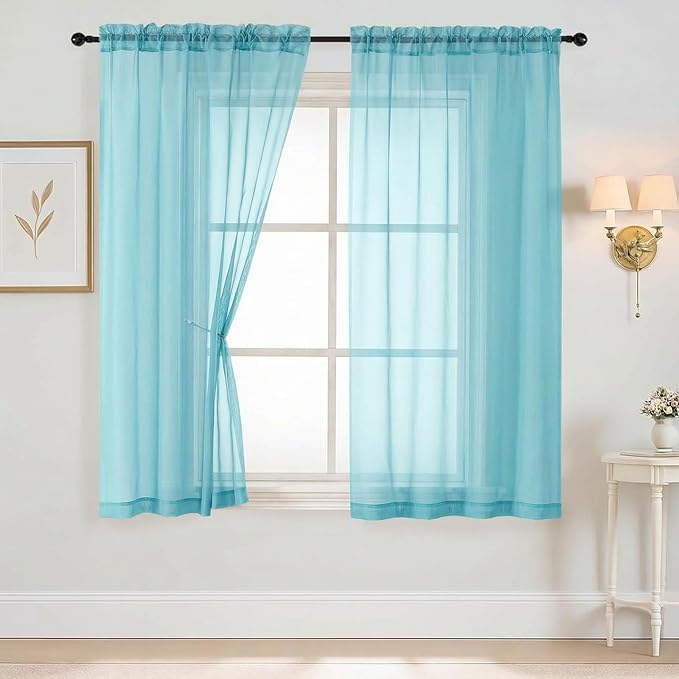 Sheer Curtains 63 Inch Length 2 Panels, Voile Sheer Curtain for Living Room, Breathable Light Filtering Modern Window Treatments, Soft Fabric Dual Rod Pocket Drapes, Aqua, 2x42Wx63L Inches