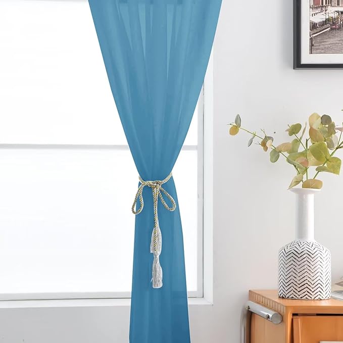 SpaceDresser Basic Rod Pocket Sheer Voile Window Curtain Panels Blue 1 Pair 2 Panels 52 Width 108 Inch Long for Kitchen Bedroom Children Living Room Yard（Blue, 52W x 108L）