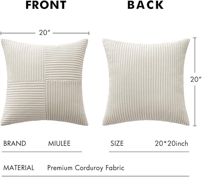 MIULEE Beige Decorative Throw Pillow Covers 20x20 Inch for Couch Bed Sofa Pack of 2 Boho Neutral Farmhouse Throw Pillows Soft Cross Corduroy Patchwork Textured Cushion Cases