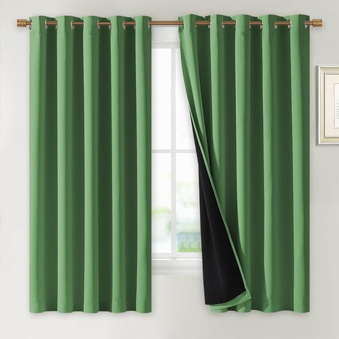 NICETOWN 100% Blackout Curtains with Black Liners, Forest Green, 2 Panels, 62-inch W by 63-inch L, Thermal Insulated Full Blackout 2-Layer Lined Drapes, Energy Efficiency Window Draperies for Bedroom