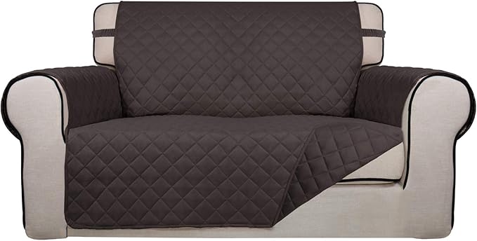 PureFit Reversible Quilted Sofa Cover, Water Resistant Medium Slipcover Furniture Protector, Washable Couch Cover with Non Slip Foam and Elastic Straps for Kids, Pets (Loveseat, Chocolate/Chocolate)