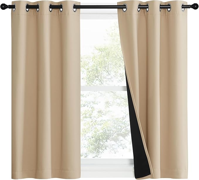 NICETOWN Bedroom Full Blackout Curtain Panels, Set of 2 Pcs, 37 by 40-inch, Biscotti Beige, Super Thick Insulated Grommet Drapes, Double-Layer Blackout Draperies with Black Liner for Small Window