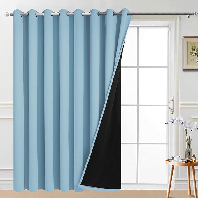 Yakamok Extra Wide Blackout Full Shading Curtains for Patio Door, Thermal Backing Sliding Glass Door Drape, Privacy Assured Window Treatment, Room Divider Curtains,Sky Blue W100 x L96, 1 Panel