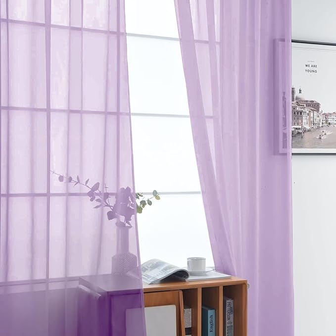 SpaceDresser Sheer Voile Window Treatment Rod Pocket Curtain Panels for Kitchen Bedroom Living Room Drapes Sunlight Filtering Privacy Semi Home Decor Assorted (Lavender, 52 W x 63 L)