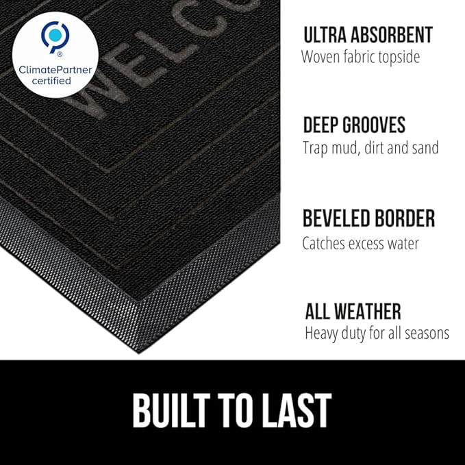GORILLA GRIP 100% Waterproof All-Season WeatherMAX Doormat 35x23, US Designed Natural Rubber, Stain and Fade Resistant, Low Profile Indoor Outdoor Door Mats, Easy Clean Patio Mat, Black Welcome